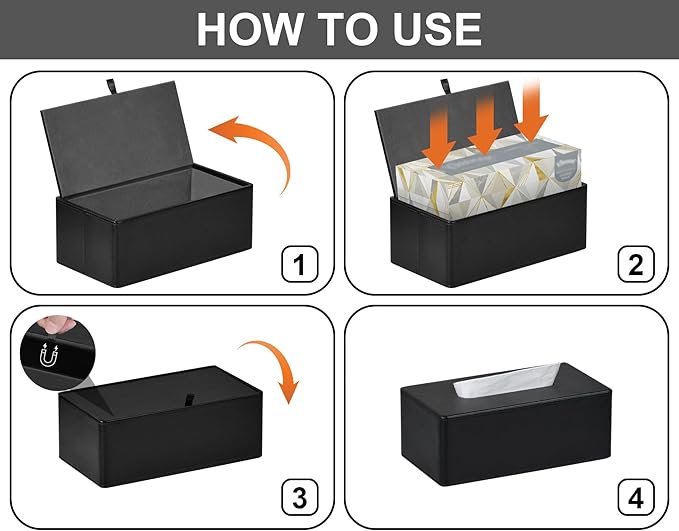 GOLRANLYE Tissue Box Cover Rectangular 9.8"(L) x 5.3"(W) x 4.3"(H) Refined Modern PU Leather Facial Tissue Dispenser Box Holder for Dresser Bathroom Decorative (Black)