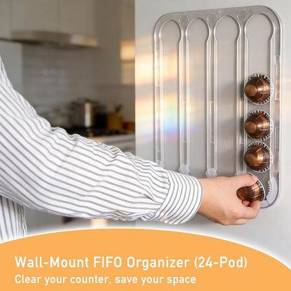 Nespresso Vertuo Pods Holder Wall Mounted, Side Mount Coffee Pod Organizer Storage Rack Holds up to 24 Espresso Capsules in 4 Rails, Clear Acrylic, Save Space, 14.8x11.6x0.25 Inches