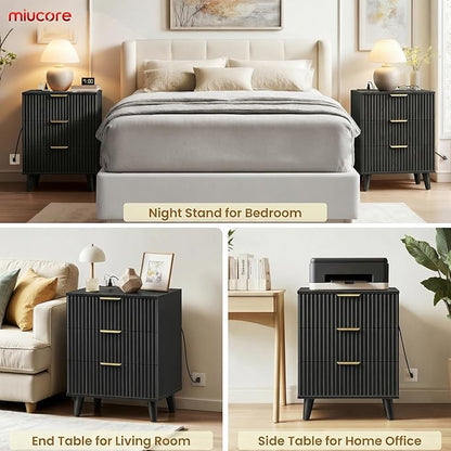 Black Nightstand, 20 inch Fluted Modern Night Stand with Charging Station, Wooden Side Table with 3 Large Storage Drawers Modern Wood Bedside End Table for Bedroom Sofa Office