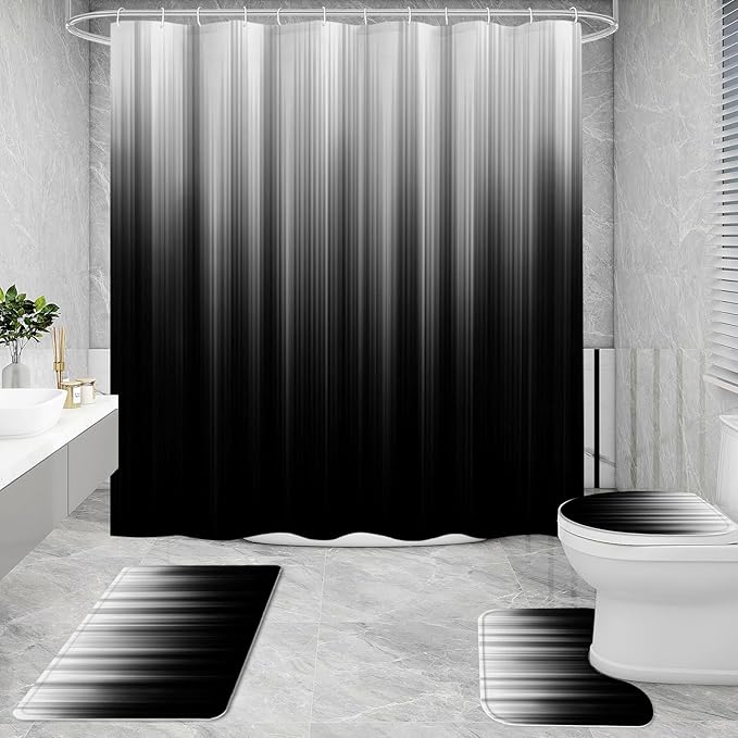 4 Pcs Grey and Black Gradient Shower Curtain Set with Rugs and Toilet Lid Cover, Modern Simple Waterproof Fabric Bathroom Set, Ombre Stripe Gothic Abstract Bathroom Decor Set Accessories