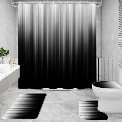 4 Pcs Grey and Black Gradient Shower Curtain Set with Rugs and Toilet Lid Cover, Modern Simple Waterproof Fabric Bathroom Set, Ombre Stripe Gothic Abstract Bathroom Decor Set Accessories