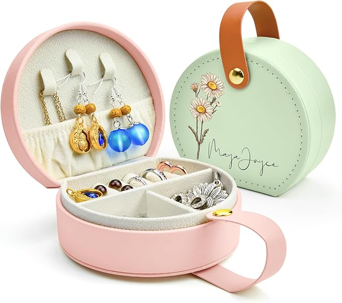 Personalized Leather Travel Jewelry Box with Name and Birth Flower for Women Gifts Custom Small Travel Jewelry Organizer Case Bridesmaid Proposal Gifts, Personalized Gifts for Women (Birth Flower)