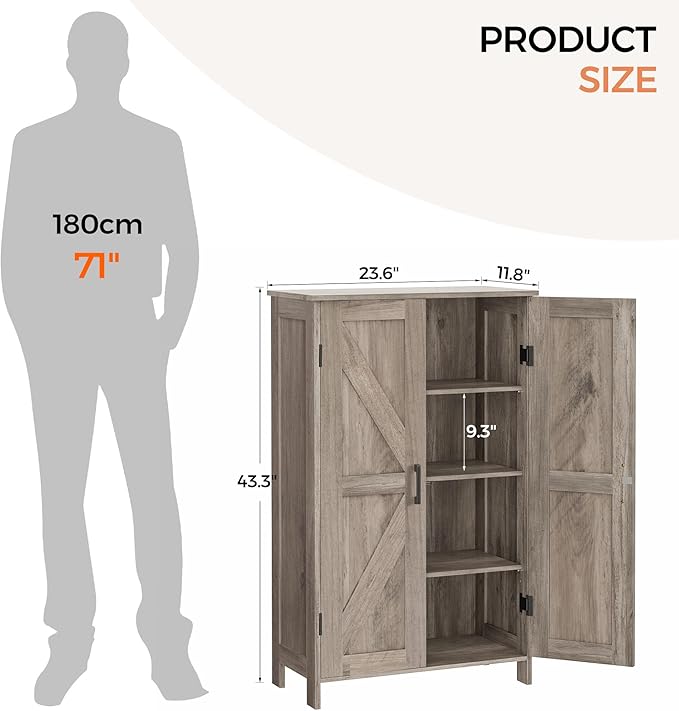 Homleke Farmhouse Bathroom Cabinet with Adjustable Shelves, Free-Standing Storage Cabinet with Barn Doors, for Kitchen, Living Room, Dining Room, Entryway, Greige