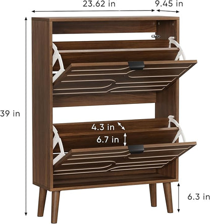 Vibe & Dine Shoe Cabinet with 2 Flip Drawers, Modern Shoe Storage Organizer for Entryway Slim, Freestanding Wood Shoe Rack Cabinet for Hallway, Bedroom, Living Room, Walnut