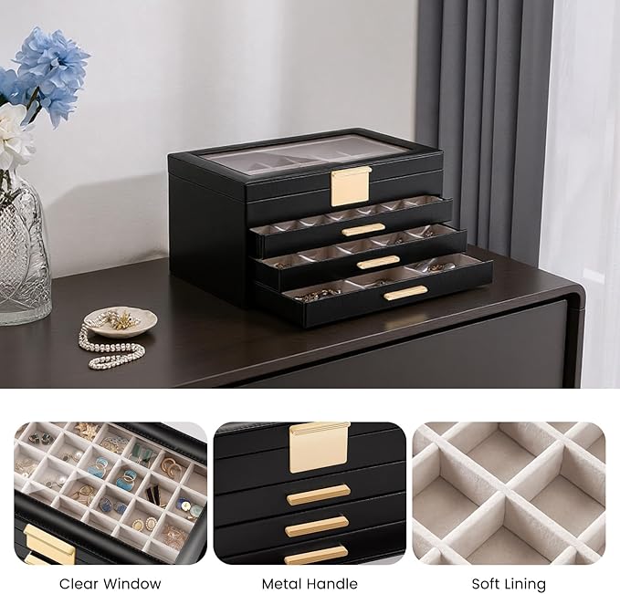 Lolalet Earring Storage Box Case with Glass Top, Large Earring Jewelry Holder Organizer Display with Drawer and Grid, Mothers Day Gifts -4 Tiers, Black