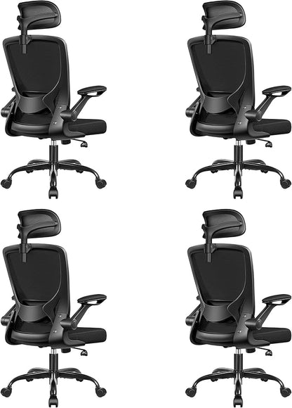 Ergonomic Office Desk Chair Comfy, High Back Mesh Office Desk Chairs with Adjustable Lumbar Support, Headrest, Flip-up Armrests, Home Computer Chair for Gaming, Work, 4 Pack