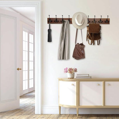 IBosins 34'' Coat Rack Wall Mount with 10 Decorative Tri-Hooks, Heavy Duty Wood Coat Hanger, Rustic Coat Hooks Rail for Entryway Living Room Coat Scarf Bag Towel Hat