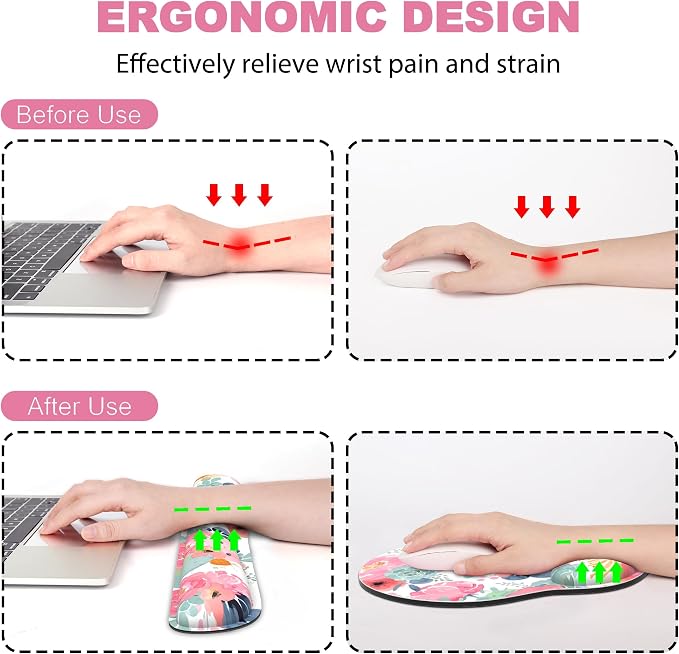 Ergonomic Mouse Pad with Wrist Rest and Keyboard Wrist Rest, Mousepad and Wrist Rest for Computer Keyboard, Pain Relief, Non-Slip Rubber Base, Mouse Pad Wrist Support for Gaming, Office, Pink Flower
