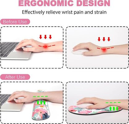 Ergonomic Mouse Pad with Wrist Rest and Keyboard Wrist Rest, Mousepad and Wrist Rest for Computer Keyboard, Pain Relief, Non-Slip Rubber Base, Mouse Pad Wrist Support for Gaming, Office, Pink Flower