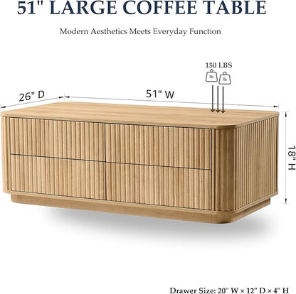 JXQTLINGMU Large Coffee Table with Storage, 51" Modern Fluted Coffee Table with 4 Drawers, Rectangle Wood Center Table for Living Room (Natural Oak)