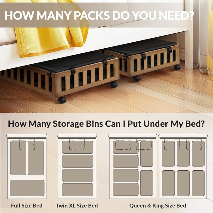 Gashell 2 Pack Bamboo Under Bed Storage with Wheels, 39”x20”x7.8” Lager Under Bed Storage Containers (Brown)