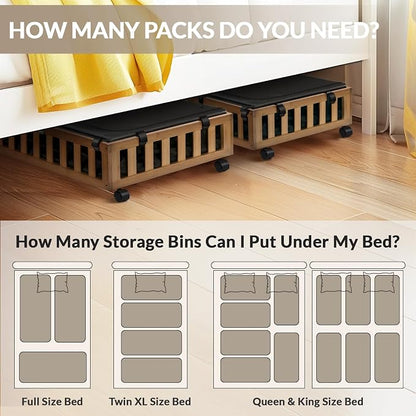 Gashell 2 Pack Bamboo Under Bed Storage with Wheels, 39”x20”x7.8” Lager Under Bed Storage Containers (Brown)