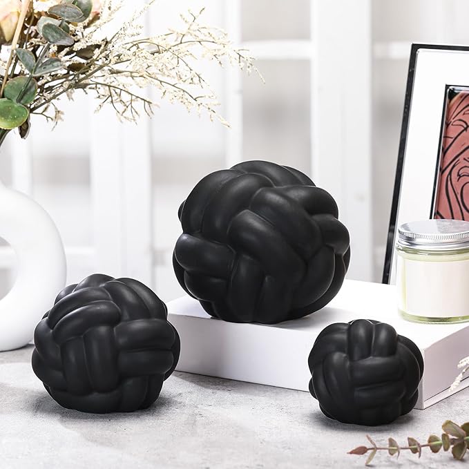 Wenqik 3 Pcs Knot Decor, Link Coffee Table Bookshelf Decor Accents, Ceramic Decorative Objects, Modern Home Minimalist Book Shelf Aesthetic Decoration, 3 Sizes (Matte Black)