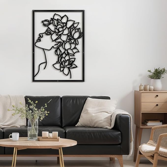 SIGNLEADER Metal Wall Art Decor Flowers Head Woman Modern Abstract Wall Sculpture Hangings Home Decoration for Living Room, Bedroom, Bathroom, Kitchen, Outdoor - 24" Black