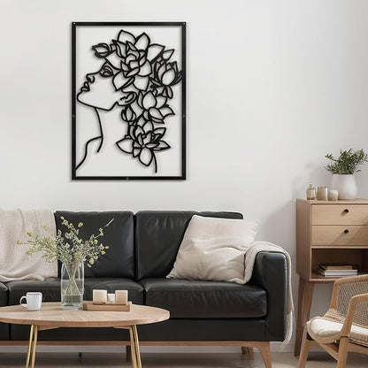 SIGNLEADER Metal Wall Art Decor Flowers Head Woman Modern Abstract Wall Sculpture Hangings Home Decoration for Living Room, Bedroom, Bathroom, Kitchen, Outdoor - 24" Black