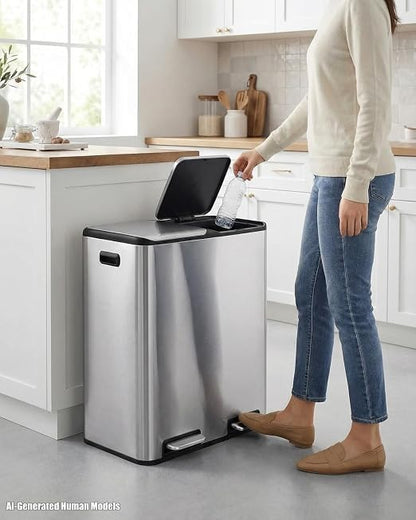 ComfyCorner 16 Gal (2 x 30 L) Dual Trash Can, Stainless Steel Kitchen Garbage Bin, Recycle Dustbin with Odor Control Box, Soft-Close Lid, Inner Buckets, Side Handle, Step Pedal, for Home Office