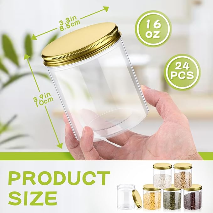 Irenare 24 Pcs 16 oz Plastic Jars with Lids Clear Plastic Containers Wide Mouth Food Mason Jars Airtight Storage Containers for Cake, Dried Fruit, Honey, Nuts, Carft, Scrub Cream(Golden Lids)