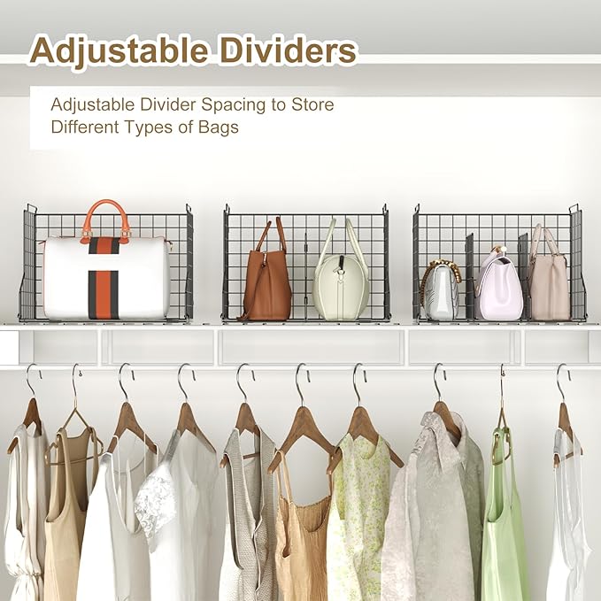 Sonyabecca Purse Storage Organizer for Closet : Adjustable 3-Pack Dividers Handbag Organizer - Stackable Wire Handbags Storage Baskets -Open Cabinets Wallets Tote Chain Bags Clutches