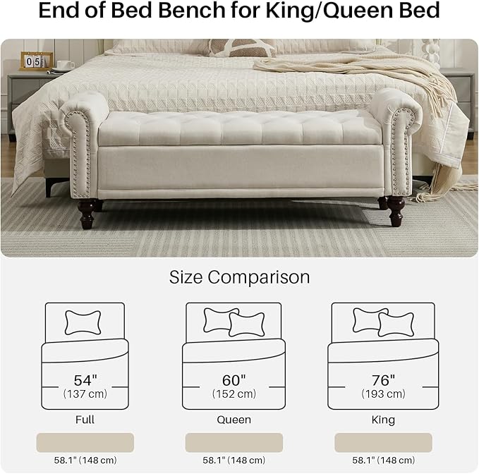 58.1" Storage Bench Upholstered Linen End of Bedroom Bed Bench Ottoman with Tufted Cushioned Rolled Arm Large Storage Space for Reading Living Room Entryway, Beige