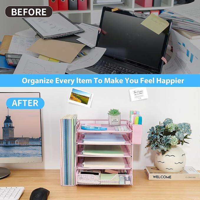 Desk Organizers and Accessories, 5-Tier Paper Letter Tray Organizer with File Holder, Drawer & Pen Holder, Office Desk Accessories, Desktop Organizer for Classroom Office Supplies, Pink