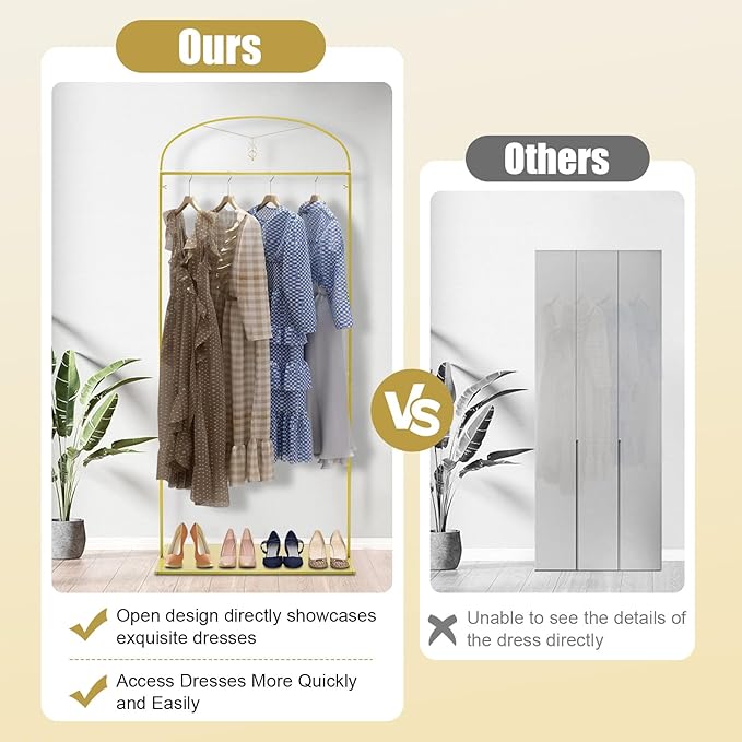 91" Gold Garment Rack Metal Freestanding Garment Rack Wedding Dress Display StandStore Hanging Clothes Rack Clothing Display Rack for Hanging Long Dresses