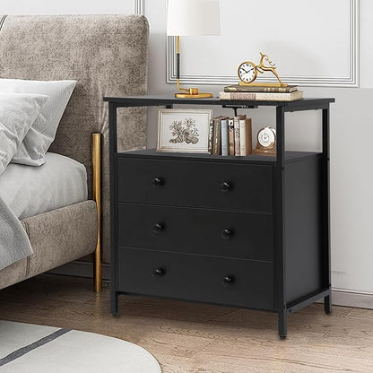 3 Wooden Drawers Nightstand, 27 Inch Wide Night Stand Set 2 with Charging Station and Adjustable Drawers, Small Dresser for Closet, Bedside Table for Living Room/Bedroom/Office, Black.