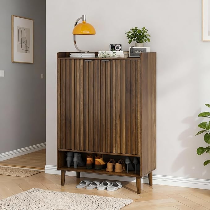 Smuxee Walnut Shoe Cabinet with Fluted Doors, 6-Tier Shoe Storage Cabinet with Adjustable Shelves, Freestanding Shoe Organizer Cabinet for Entryway, Hallway, Closet, Living Room