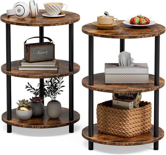 XBurmo Small Round End Table - 3 Tier Design Accent Table, Narrow Side or Bedside Stand, Industrial Vintage Nightstand for Bedroom, Living Room, or Small Spaces, Set of 2, Rustic Brown