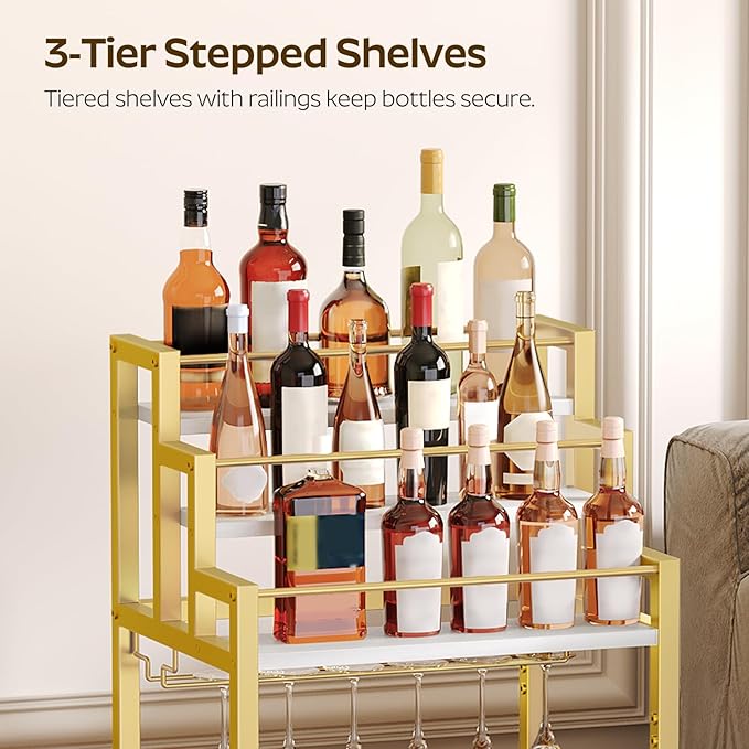 Bar Cart, 3 Tier Home Bar Serving Cart with Glass Holder, Versatile Display Wine Rack Trolley, for Living Room, Kitchen, Gold BC08DW
