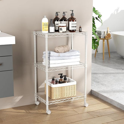 SINGAYE 3 Small Shelves Storage Shelf Wire Shelving Unit Metal Shelf Adjustable Organizers Storage Shelving with Wheels for Bathroom Laundry Room Kitchen Pantry11.5”D x 17.5”W x 30.5”H White