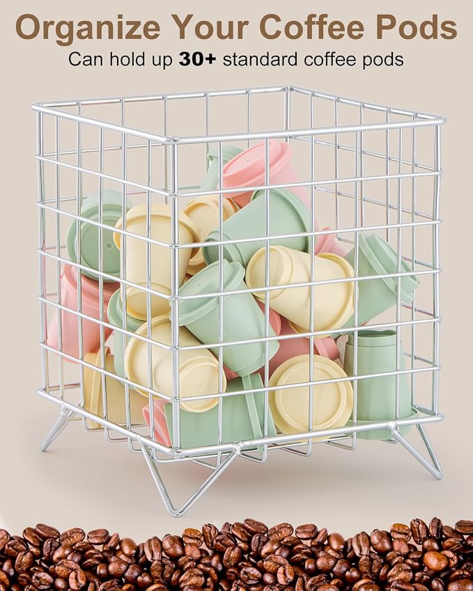 K Cup Holder Organizer, 5.3" x 5.3" x 6.3" Coffee Pod Storage Basket, Coffee Bar Accessories Metal Basket, Large Capacity Countertop Organizer for Kitchen Counter & Office Desktop (Silver)