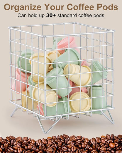 K Cup Holder Organizer, 5.3" x 5.3" x 6.3" Coffee Pod Storage Basket, Coffee Bar Accessories Metal Basket, Large Capacity Countertop Organizer for Kitchen Counter & Office Desktop (Silver)