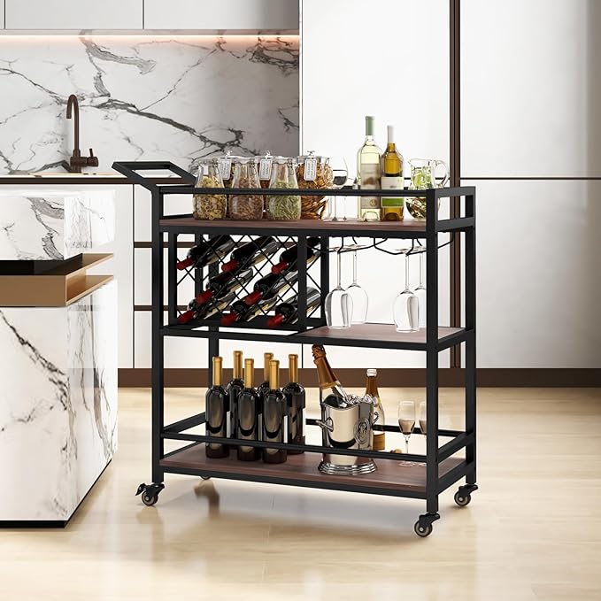 Giantex Bar Cart, 3 Tier Serving Cart for Home, 8 Wine Bottles Rack, Glass Holder, Industrial Mobile Kitchen Cart with Lockable Wheels and Handle, Storage Shelves for Drink Beverage
