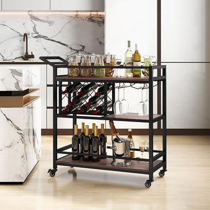 Giantex Bar Cart, 3 Tier Serving Cart for Home, 8 Wine Bottles Rack, Glass Holder, Industrial Mobile Kitchen Cart with Lockable Wheels and Handle, Storage Shelves for Drink Beverage