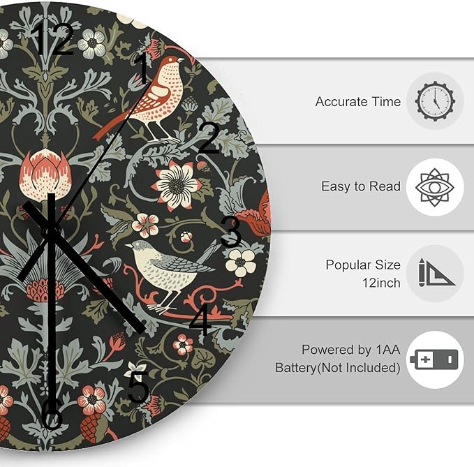 William Morris Wall Clock Silent Non Ticking Battery Operated, Vintage Art Black Rustic Floral Botanical Bird Clock Decorative for Bathroom Kitchen Bedroom Living Room(12 Inch)