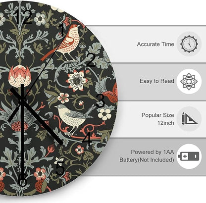 William Morris Wall Clock Silent Non Ticking Battery Operated, Vintage Art Black Rustic Floral Botanical Bird Clock Decorative for Bathroom Kitchen Bedroom Living Room(12 Inch)