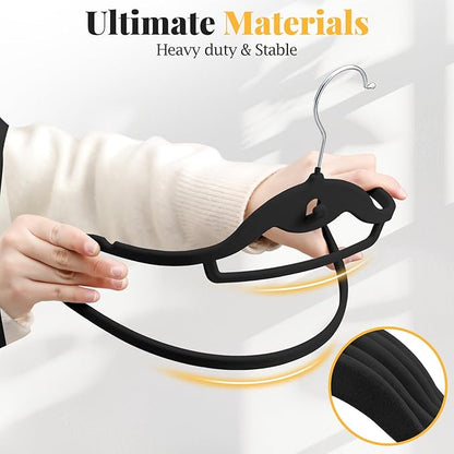 Velvet Felt Stackable Hangers 50 Pack, Non Slip, with 360° Swivel Hook, Ultra Thin and Space Saving for Suits, Shirts, Coats, 15Lbs Capacity Heavy Duty, Black