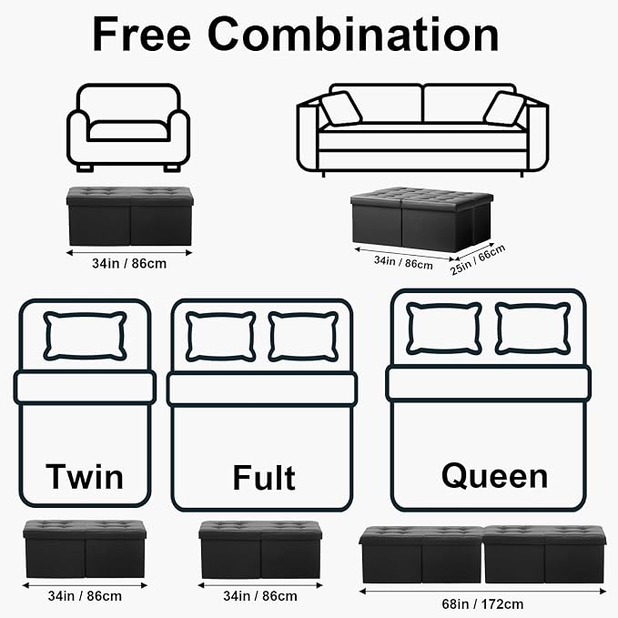 AmasSmile Footrest Ottoman Bench with Storage,34Inch Black Leather Footstool, Coffee Table, Padded Seat, Storage Chest,Blanket Store with Flipping Lid for Livingroom and Bedroom