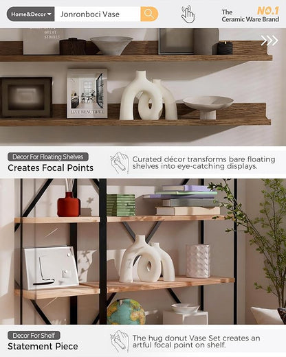 Hug Donut Decorative Vase Set - Modern Nordic Boho Style Vases Home Decor, Matte Ceramic Decorations for Living Room Shelf, Bookshelf Mantle Entryway Table or Console Décor (Cream White)