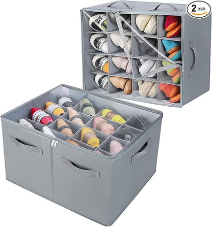 TOPIA HOME Shoe Organizer for Closet 2 Pack, Foldable Shoe Box with Adjustable Dividers and Clear Cover, Space Saving Shoe Storage Organizer Cabinet with Reinforced Handles, Fits 32 Pairs, Gray, TP12G