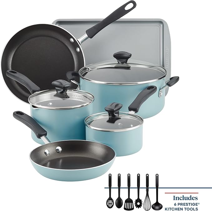 Farberware Cookstart DiamondMax Nonstick Cookware/Pots and Pans Set, Dishwasher Safe, Includes Baking Pan and Cooking Tools, 15 Piece - Aqua