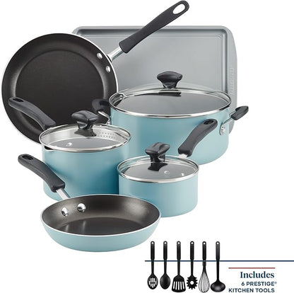 Farberware Cookstart DiamondMax Nonstick Cookware/Pots and Pans Set, Dishwasher Safe, Includes Baking Pan and Cooking Tools, 15 Piece - Aqua