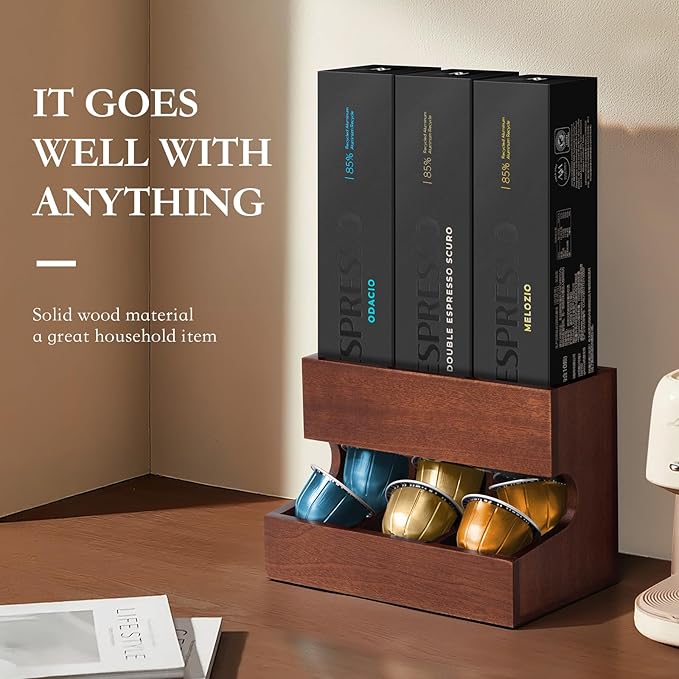 Wood Pod Dispenser Designed for Nespresso Vertuo Capsules, Freestanding Countertop Pods Rack, Coffee Pods Holder for Home or Office Kitchen Counter, Dispenses 3 Coffee Flavors (Brown)