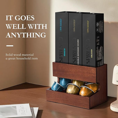 Wood Pod Dispenser Designed for Nespresso Vertuo Capsules, Freestanding Countertop Pods Rack, Coffee Pods Holder for Home or Office Kitchen Counter, Dispenses 3 Coffee Flavors (Brown)