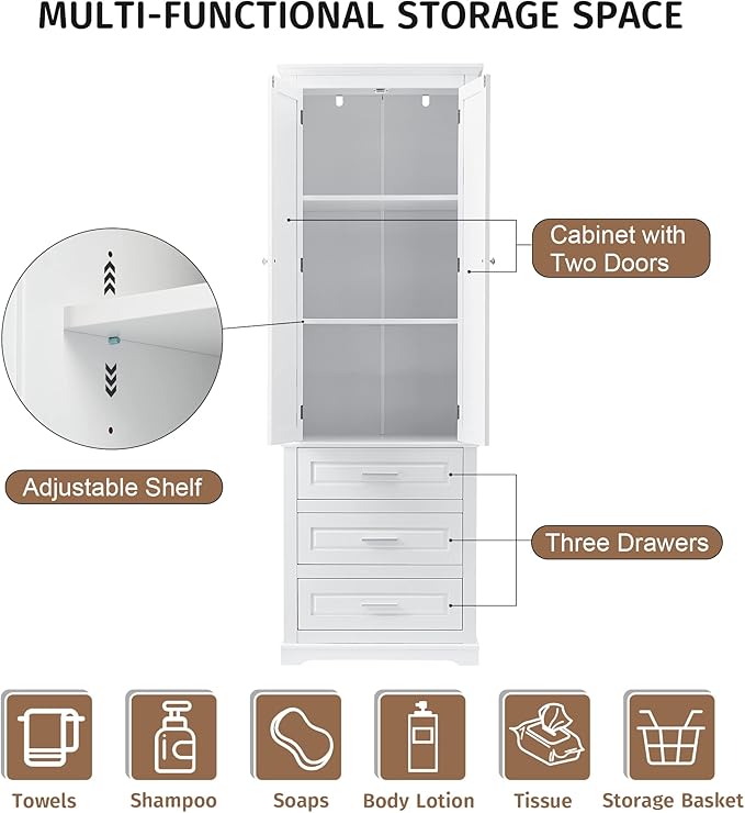 Polibi Tall Storage Cabinet with 3 Drawers, 3-Tier Adjustable Shelves & 2 Doors, Floor Freestanding Linen Cabinet for Bathroom, Living Room (White)