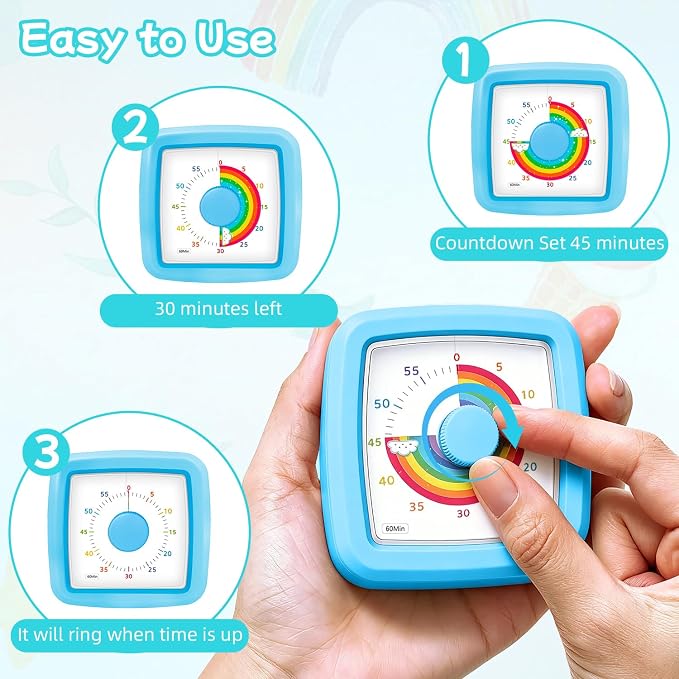 Kids Visual Timer, 60-Minute Silent Timer Countdown Clock with Rainbow Design, Plastic Mini Time Management Tool Timers for Classroom Kitchen Cooking Homework, Sensory Support&Focus Aid, Blue