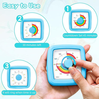 Kids Visual Timer, 60-Minute Silent Timer Countdown Clock with Rainbow Design, Plastic Mini Time Management Tool Timers for Classroom Kitchen Cooking Homework, Sensory Support&Focus Aid, Blue