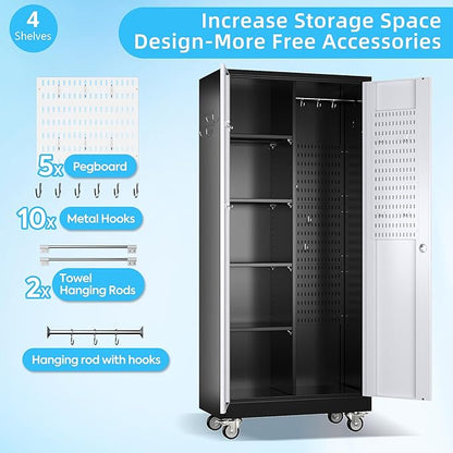 Broom Closet Storage Cabinet with Hanging Rod, 71" H Garage Storage Cabinet with Wheels and Pegboard & 13 Hooks for Garage, Home, Metal Cabinets, Black and White