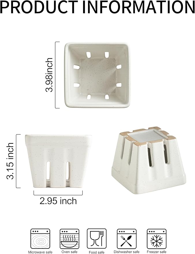 Gomakren Ceramic Fruit Basket Set of 2, Square Fruit Bowls with Holes, Rustic Berry Basket Containers for Kitchen Fridge, Berries, Strawberry, Grape, Cherry - Cream White