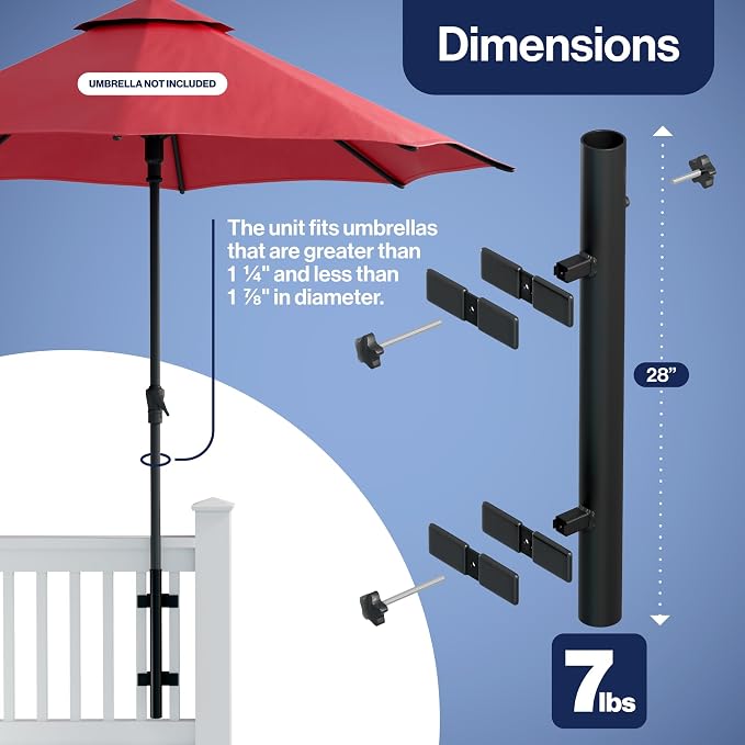 Patio Umbrella Holder – Easy Installation - Space Saving Umbrella Holder Design - Outdoor Umbrella Base and Mount - Attaches to Railing Maximizing Outdoor Patio Space and Shade, Black